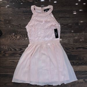 LOVER'S GAME BLUSH PINK LACE SKATER DRESS